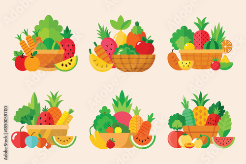 A healthy balanced nutritious diet vector art illustration set of fresh fruits and vegetables collection