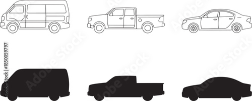 Truck and Trailer Line Drawings – Pickup, Flatbed and Semi Truck Outline Set