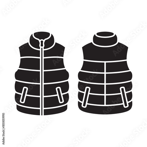 Two black silhouette illustrations of padded vests side by side