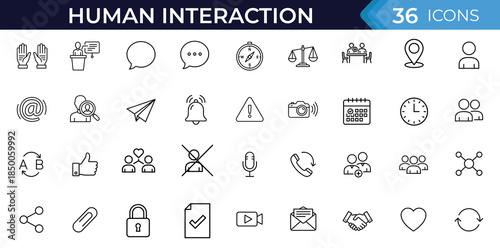 Human interaction line editable icons set. Communication connection chat and social relationship symbols, meeting group conversation concepts, editable stroke vector illustration collection