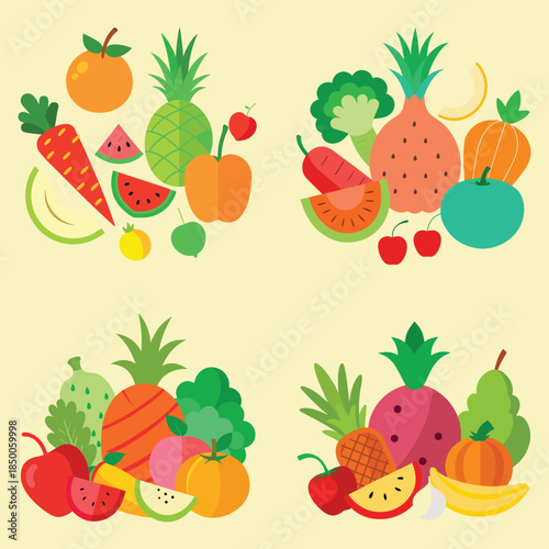 A healthy balanced nutritious diet vector art illustration set of fresh fruits and vegetables collection