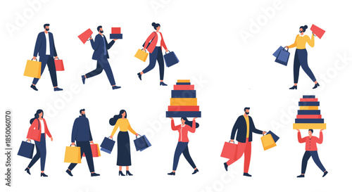 Group of shoppers walk briskly while carrying numerous colorful bags and stacked boxes after a successful day at the mall.