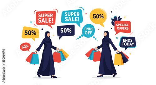 Two muslim women in traditional abayas carry colorful shopping bags while surrounded by promotional sale and discount bubbles.