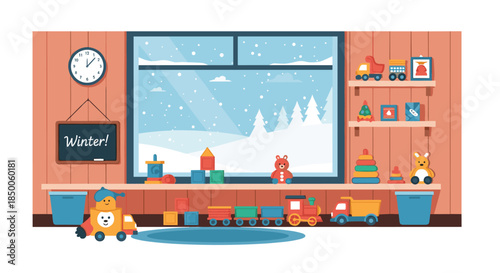 Cozy childs playroom features shelves of toys and a view of a snowy winter landscape through a large window during the day.
