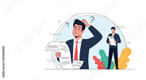 Stressed businessman in a suit looks confused while holding an exceptionally long paper bill or document in his hands.