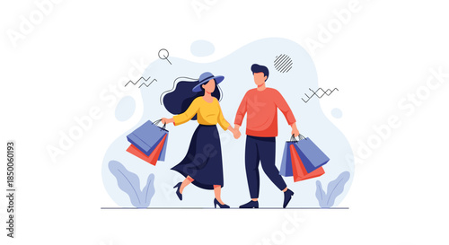 Happy couple walks together holding hands and carrying several shopping bags while enjoying a day out in the city.