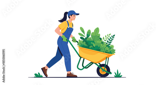 Female gardener in blue overalls pushes a yellow wheelbarrow filled with lush green plants across a garden landscape.