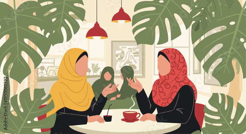 Two Muslim women wearing colorful hijabs sitting at cafe table having a conversation surrounded by lush green monstera plants.
