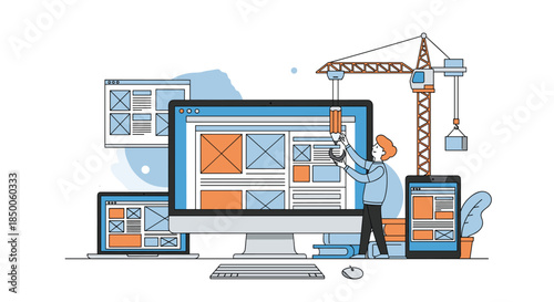 Collaborative website development and UI design process showing designers building layout on large monitor with construction elements.