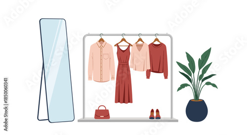 Minimalist bedroom interior element with stylish clothes rack, tall standing mirror, and potted plant against white background.