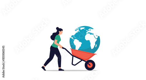 Environmentally conscious woman pushing red wheelbarrow carrying planet earth, symbolizing global care and ecological sustainability.