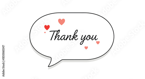 Elegant speech bubble featuring Thank you written in beautiful cursive script with several floating red and pink hearts.
