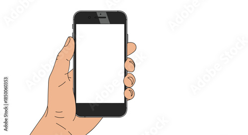 Human hand holding black smartphone with blank white screen for copy space isolated on white background in flat vector style.