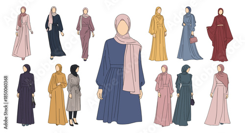 Group of women wearing elegant long dresses and hijabs in various colors and styles, showcasing diverse modest fashion choices.