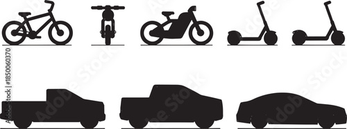 Vehicle Icons Set – Bicycle, Motorcycle, Scooter and Car Silhouettes