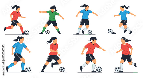 Collection of female soccer players in various action poses like running, kicking, and dribbling the ball on a field.