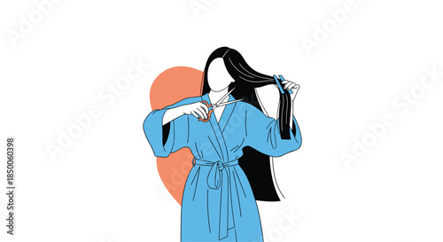Woman in blue bathrobe standing in front of orange circle backdrop and cutting her long black hair with scissors.