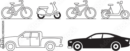 Vehicle Icons Set – Bicycle, Motorcycle, Scooter and Car Silhouettes
