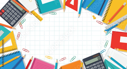 Colorful border frame created with various school supplies and office stationery on a grid paper background.