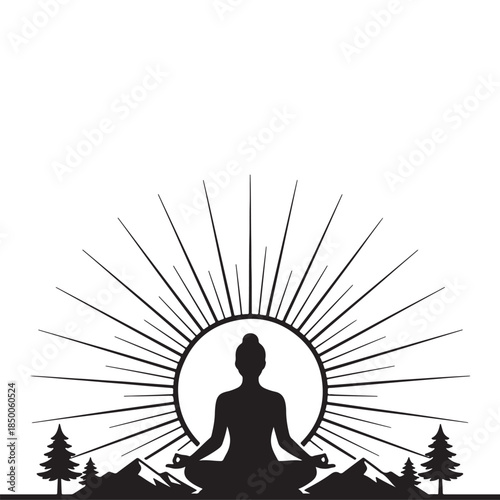 Zen Meditation Silhouette with Mountain Landscape and Sunburst