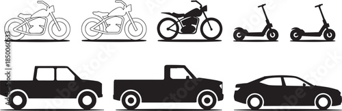 Vehicle Icons Set – Bicycle, Motorcycle, Scooter and Car Silhouettes
