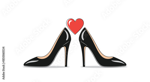 Pair of elegant black high-heeled stiletto shoes are arranged symmetrically with a bright red heart symbol between them.