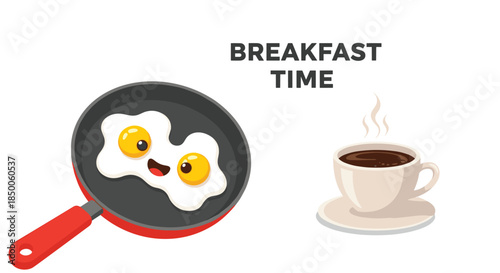 Cheerful breakfast scene featuring a smiling fried egg in a pan and a hot cup of coffee with steam.