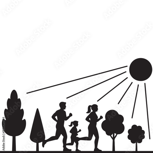 Healthy Family Outdoor Fitness - Father, Mother and Daughter Jogging in Nature Park Under the Sun