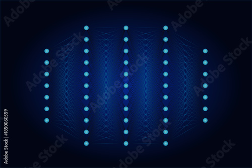 Abstract deep learning neural network on dark background, featuring layered nodes and links, representing AI systems, data analysis, and intelligent computing.Neural Networks-05