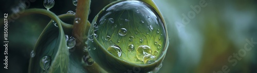 Numerous water droplets cling to a tightly furled green plant bud after rainfall