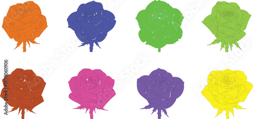 This image is a stylized, grid-based pop-art composition of a single rose silhouette repeated eight times, each instance rendered in a different bright color.
