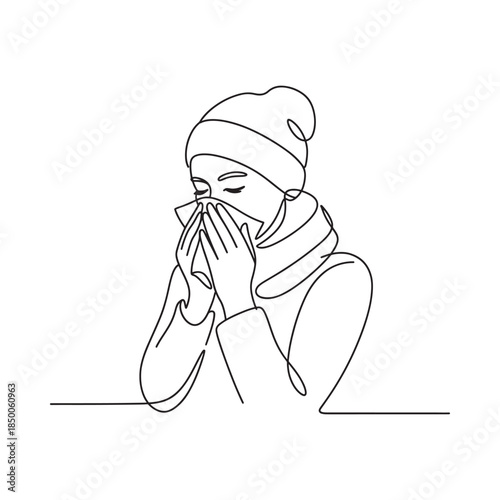 Woman with a winter hat covering her mouth line art illustration