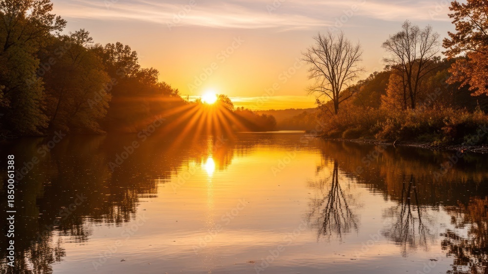 Obraz premium Tranquil river scene at sunset