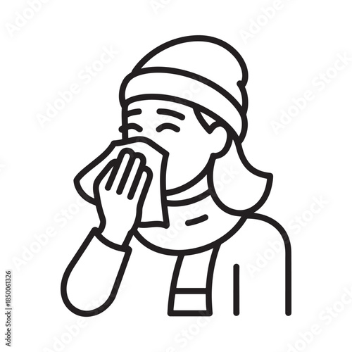 Sick person blowing nose with tissue wearing winter clothes line art illustration