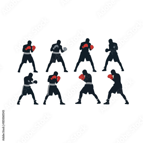 Group of Boxers in Action Silhouettes Fighting Drills.