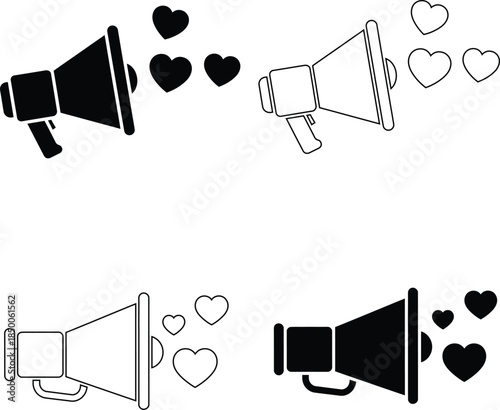 Megaphone Announcing Love Vector Icons – Romantic Message and Declaration Symbols