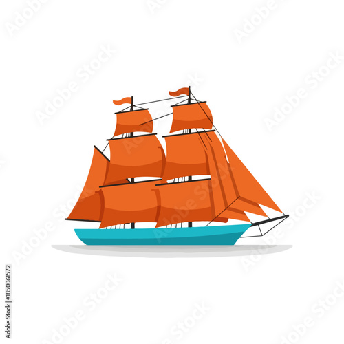 Orange Sailing Ship with Tall Masts.