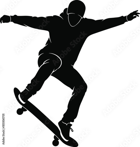 Skateboarder silhouette performing an ollie or jump trick in motion, dynamic action pose of a youth in a hoodie, vector illustration.