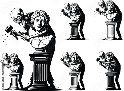 Skeleton sculpting human bust, symbolic vector illustration, black and white artwork, metaphor of creation and mortality, classical sculpture, hammer and chisel