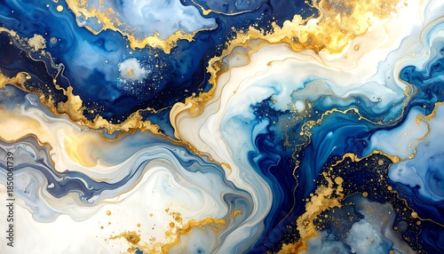Abstract deep blue and white fluid marble background accented with flowing gold metallic veins and particles