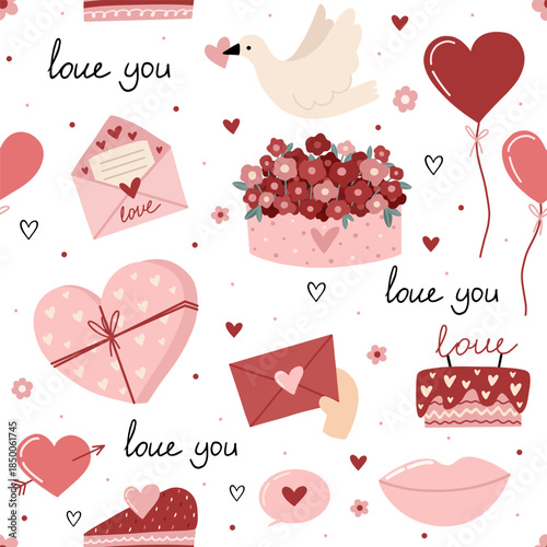 hand drawn, seamless valentine pattern with love you lettering, romantic messages, hearts, love letters, flowers, cake, dove and cute elements on white background, soft romantic design for wrapping pa
