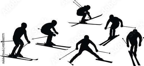 Skier silhouettes collection, a vector illustration set of winter sport athletes in action, downhill skiing and jumping poses, isolated on white.
