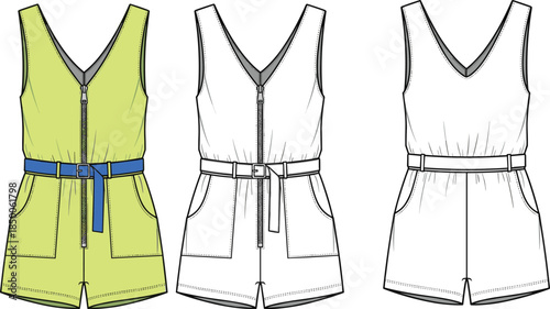Sleeveless romper vector illustration, zip front jumpsuit technical flat sketch, belted waist, patch pockets, fashion design template, summer casual wear, front and back view.