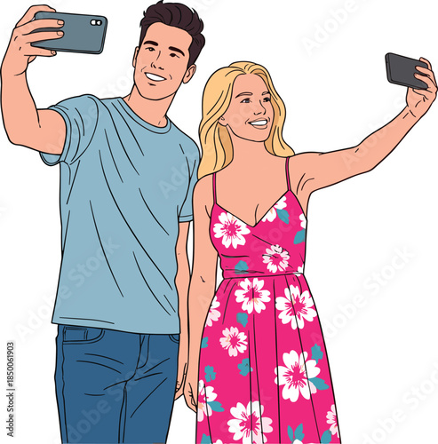 Smiling couple taking selfies with smartphone, summer outfit, joyful relationship, casual lifestyle illustration, modern communication, happy people enjoying outdoor vacation moment