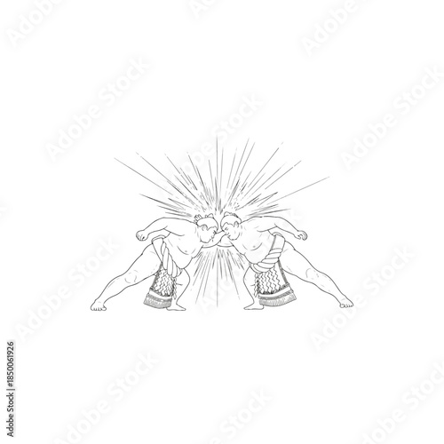 Dynamic sumo wrestlers in intense face-off, powerful sporting clash, martial arts competition line art.