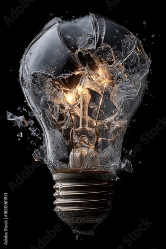 Illuminated incandescent bulb shatters dramatically amidst liquid splashing against a dark background