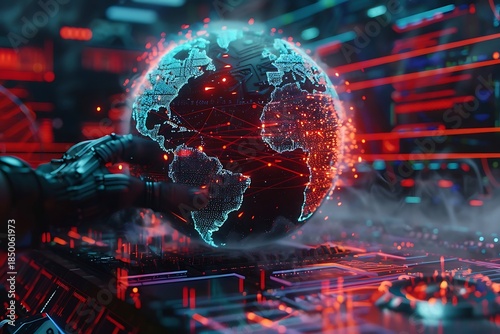 Mechanical hand supports glowing digital globe illuminated by vibrant data streams