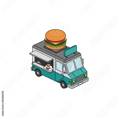 Isometric Food Truck Illustration Serving a Giant Hamburger with a Cheerful Vendor, Teal and White Vehicle with Open Window