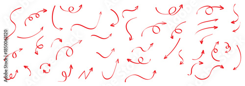 Hand drawn arrows icon set. Sketch curved arrows design. Arrow handmade. Doodle arrows shapes and directions. Pointer and cursor icons. EPS 10