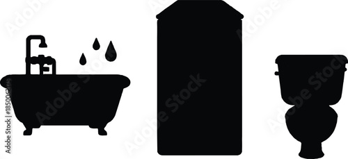 Vector design set of bathroom accessories and a shower icon art illustration featuring black water bottle symbols